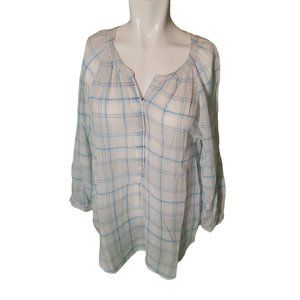 Joie Blue White Plaid Boho Gauzy Top Lightweight Peasant Top Button Tunic sz M
